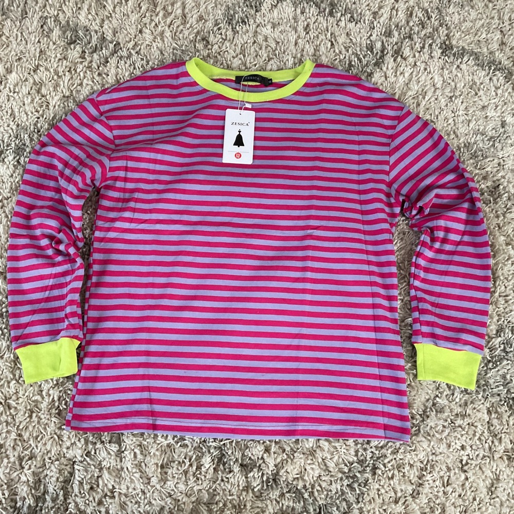 Zesica‎ Womens Pink Purple Striped Long Sleeve Top Neon Green Trim Size M